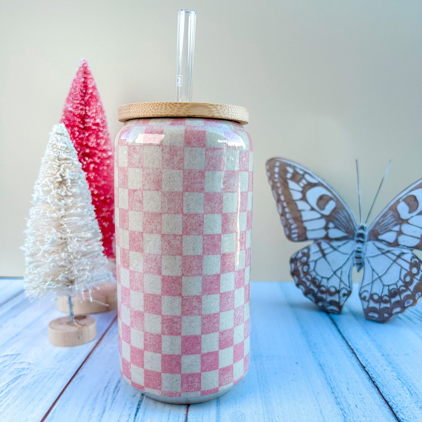 Pink Retro Checkered Coffee Cup With Lid