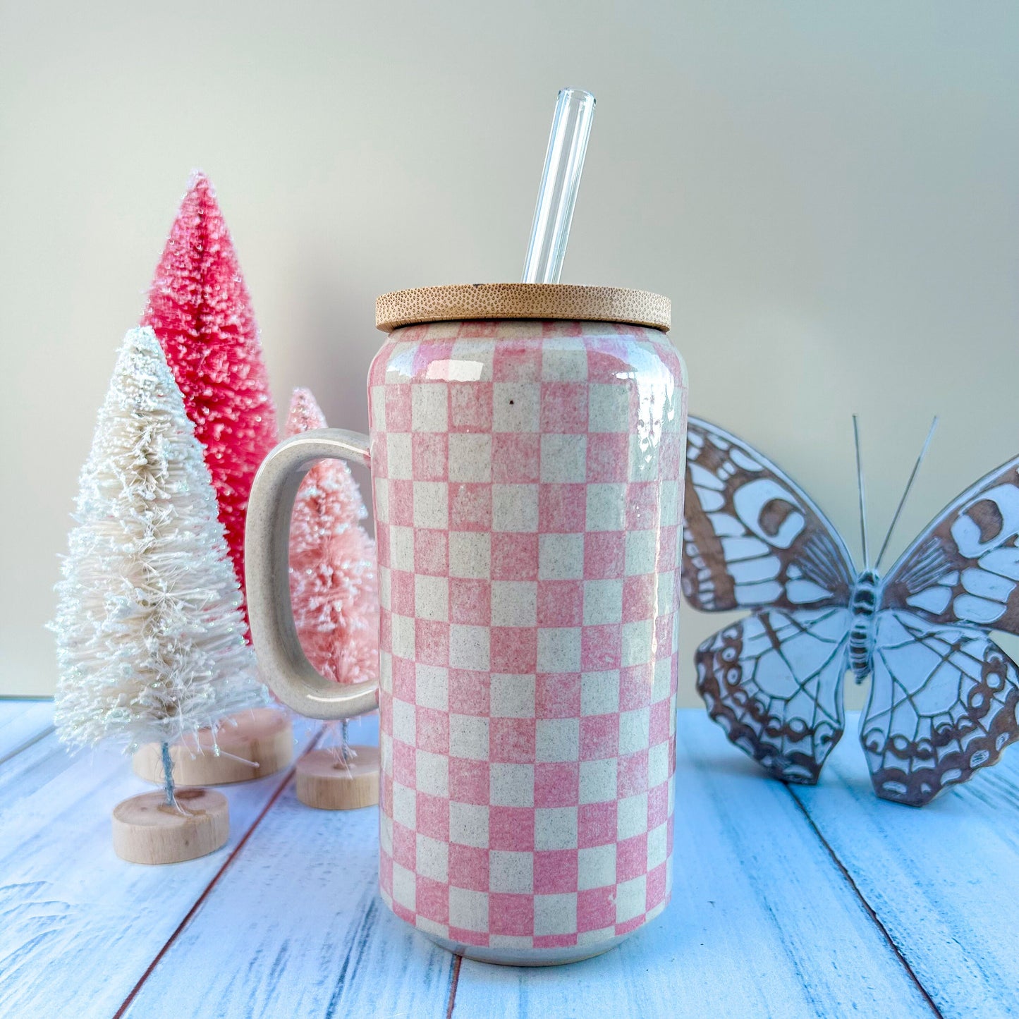 Pink Retro Checkered Coffee Cup With Lid