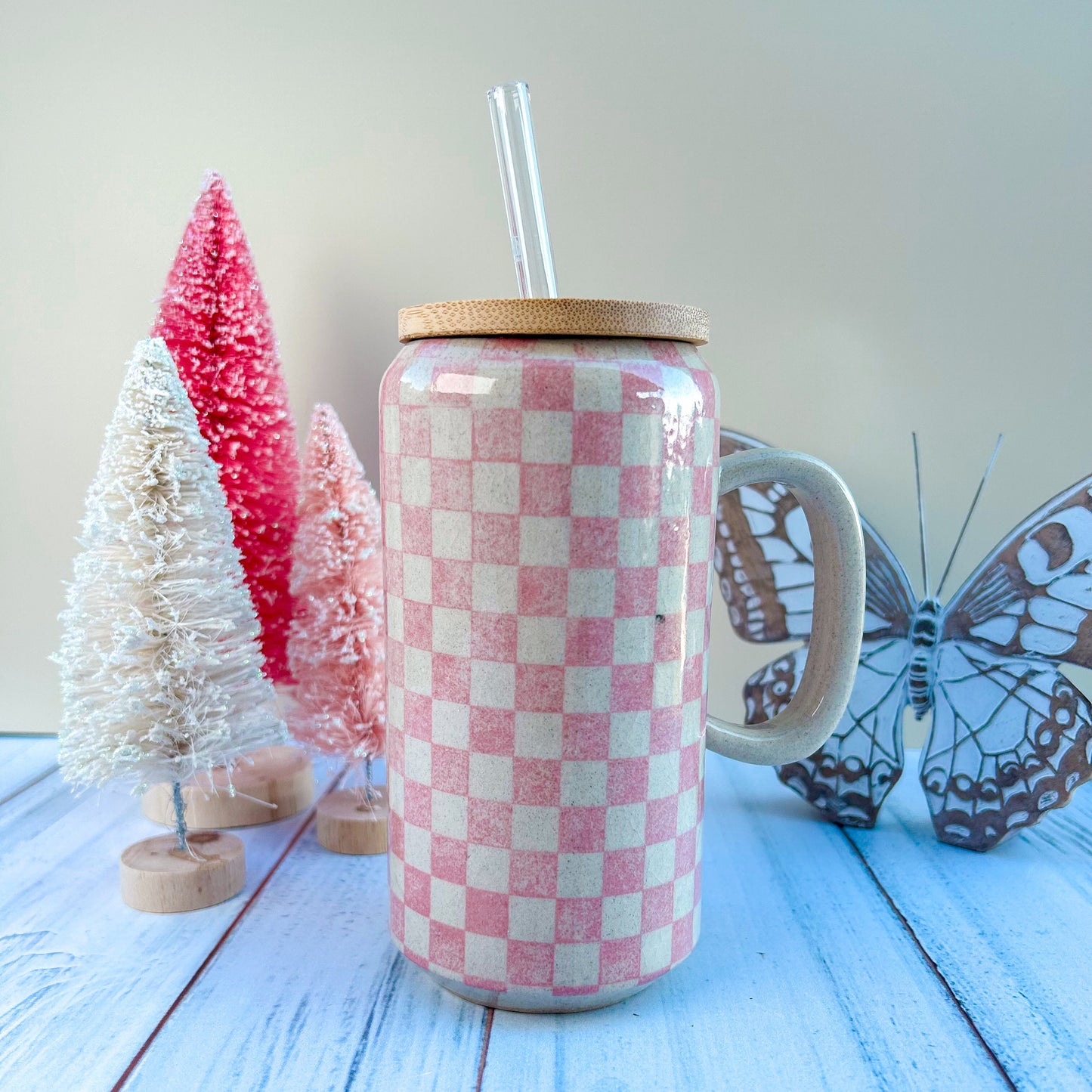 Pink Retro Checkered Coffee Cup With Lid
