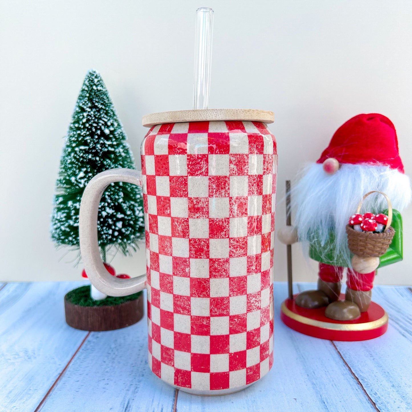 Red Retro Checkered Coffee Cup With Lid