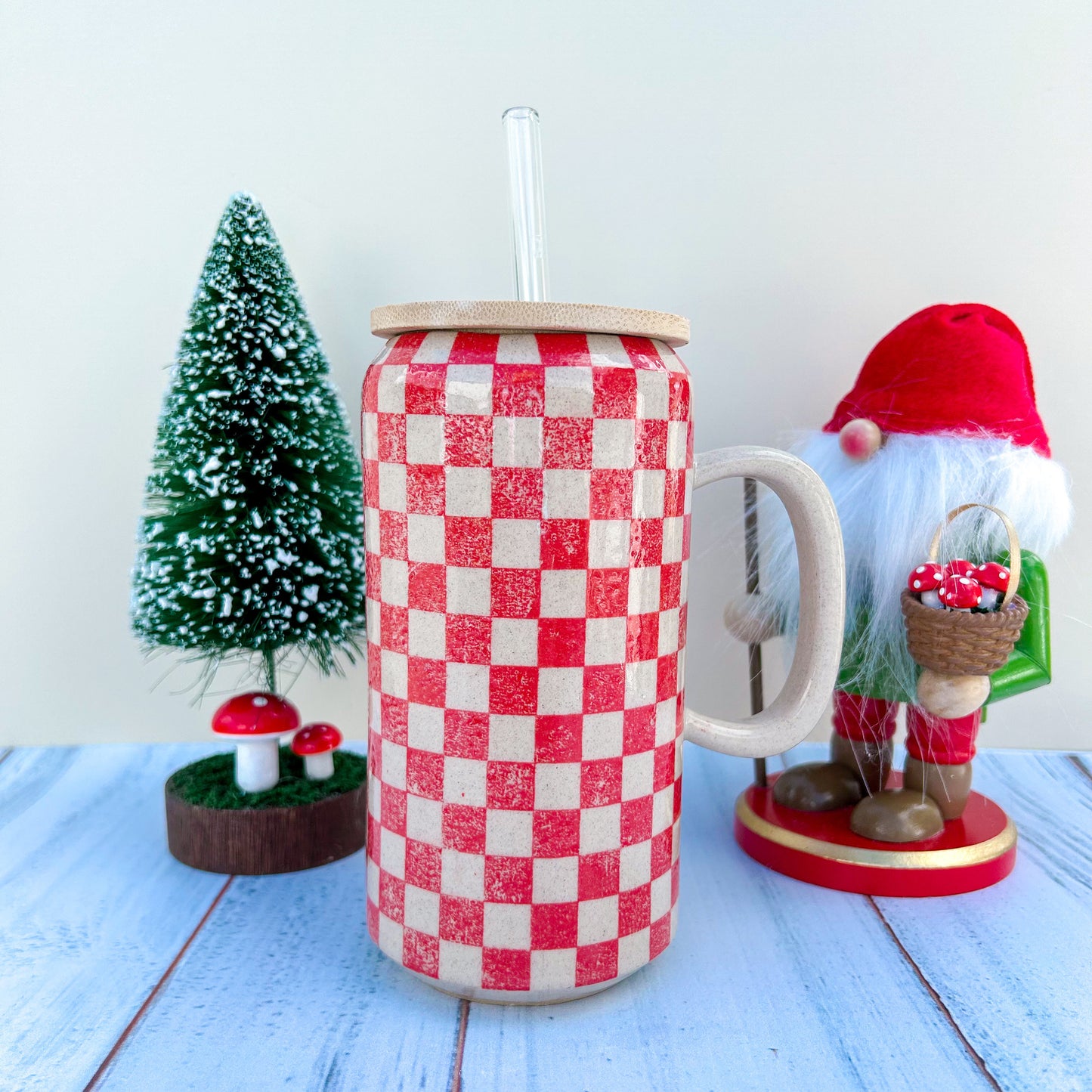 Red Retro Checkered Coffee Cup With Lid