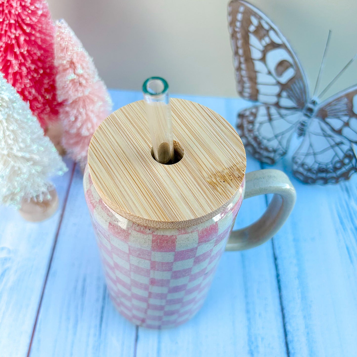 Pink Retro Checkered Coffee Cup With Lid