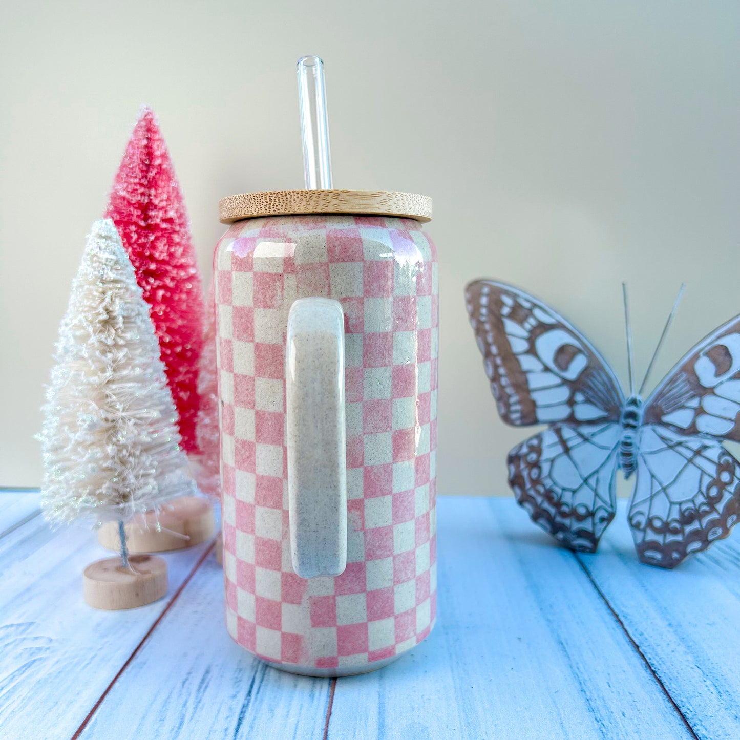 Pink Retro Checkered Coffee Cup With Lid