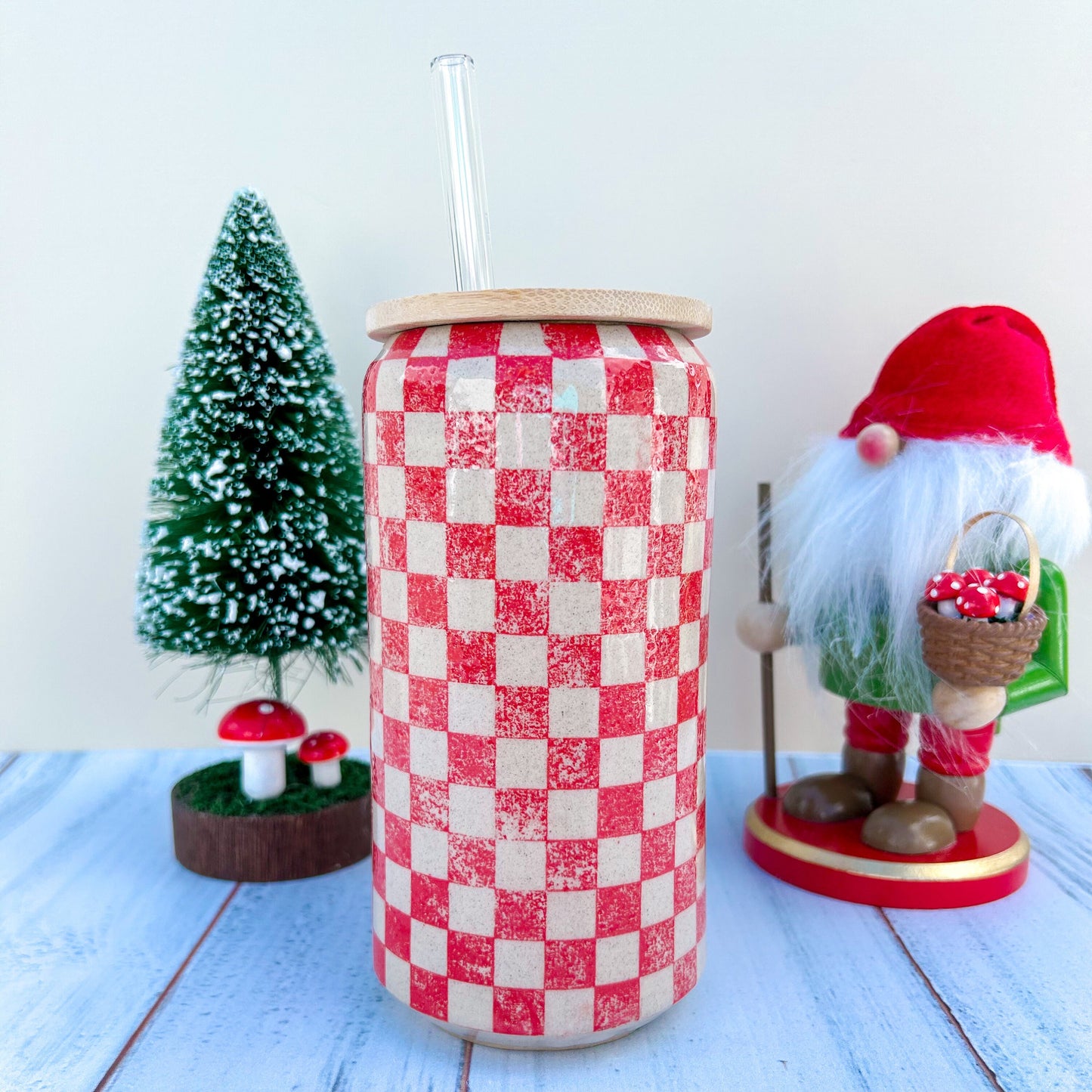 Red Retro Checkered Coffee Cup With Lid