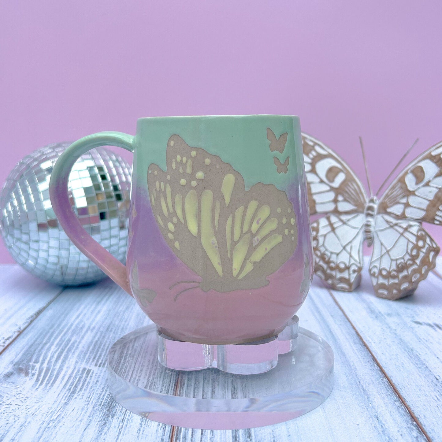 Aqua Ombré Butterfly 16 Ounce Mug, Handmade Ceramic Mug, Ceramics Pottery Mugs, Stoneware Mug, Large Coffee Mug, USA Pottery, Fun Mug