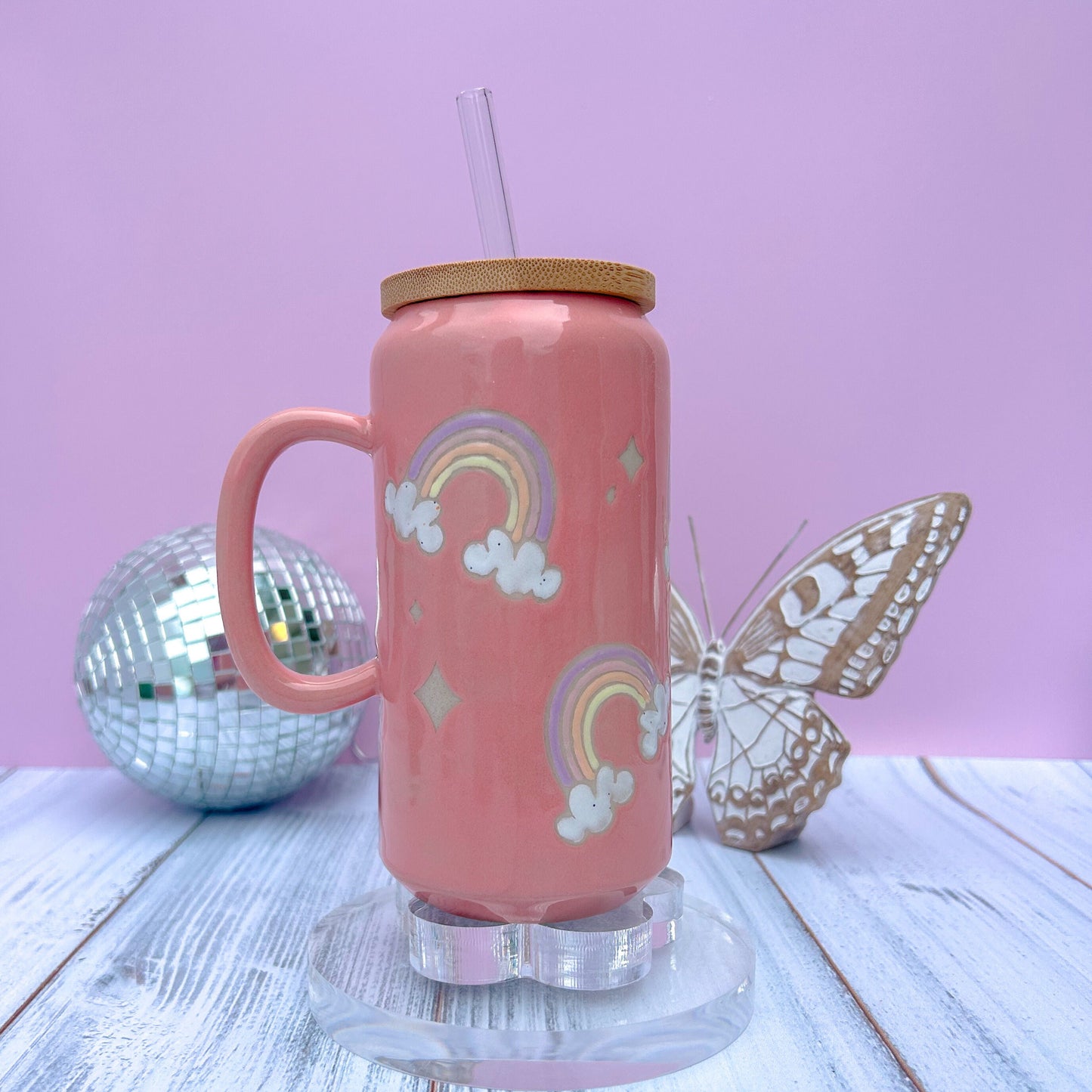 Coral Rainbow and Cloud Tumbler Ceramic Mug, Rainbow Beer Can Glass Tumbler, Rainbow Gift For Her, Handmade Mug, Retro Ceramic Cup