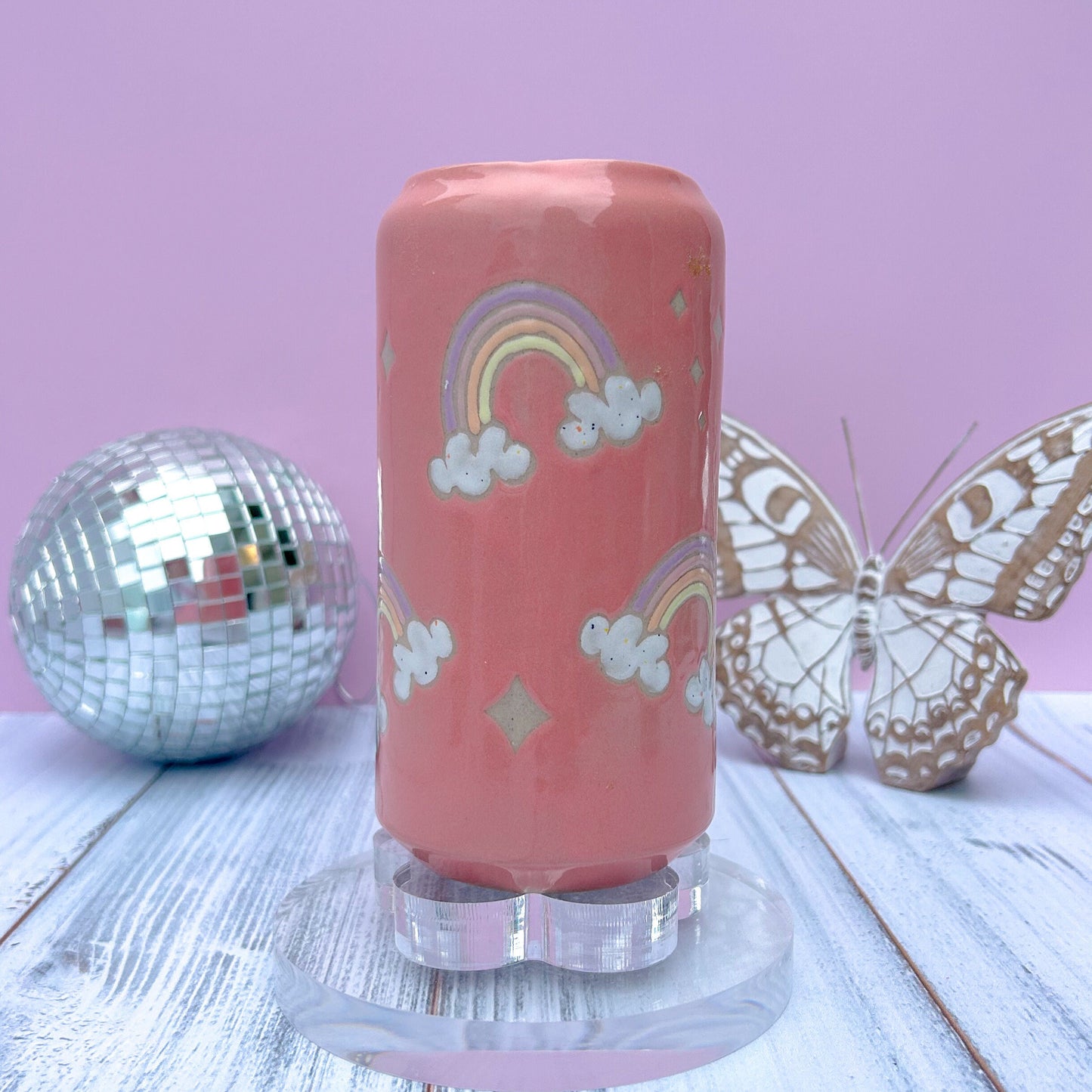 Coral Rainbow and Cloud Tumbler Ceramic Mug, Rainbow Beer Can Glass Tumbler, Rainbow Gift For Her, Handmade Mug, Retro Ceramic Cup