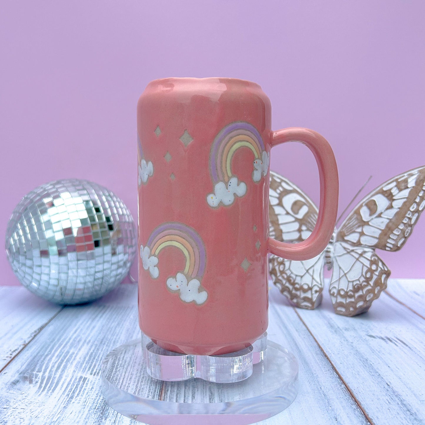Coral Rainbow and Cloud Tumbler Ceramic Mug, Rainbow Beer Can Glass Tumbler, Rainbow Gift For Her, Handmade Mug, Retro Ceramic Cup