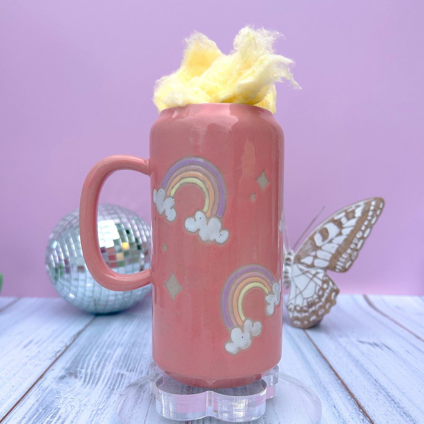 Coral Rainbow and Cloud Tumbler Ceramic Mug, Rainbow Beer Can Glass Tumbler, Rainbow Gift For Her, Handmade Mug, Retro Ceramic Cup