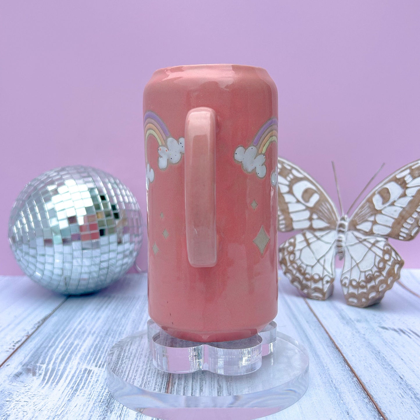 Coral Rainbow and Cloud Tumbler Ceramic Mug, Rainbow Beer Can Glass Tumbler, Rainbow Gift For Her, Handmade Mug, Retro Ceramic Cup