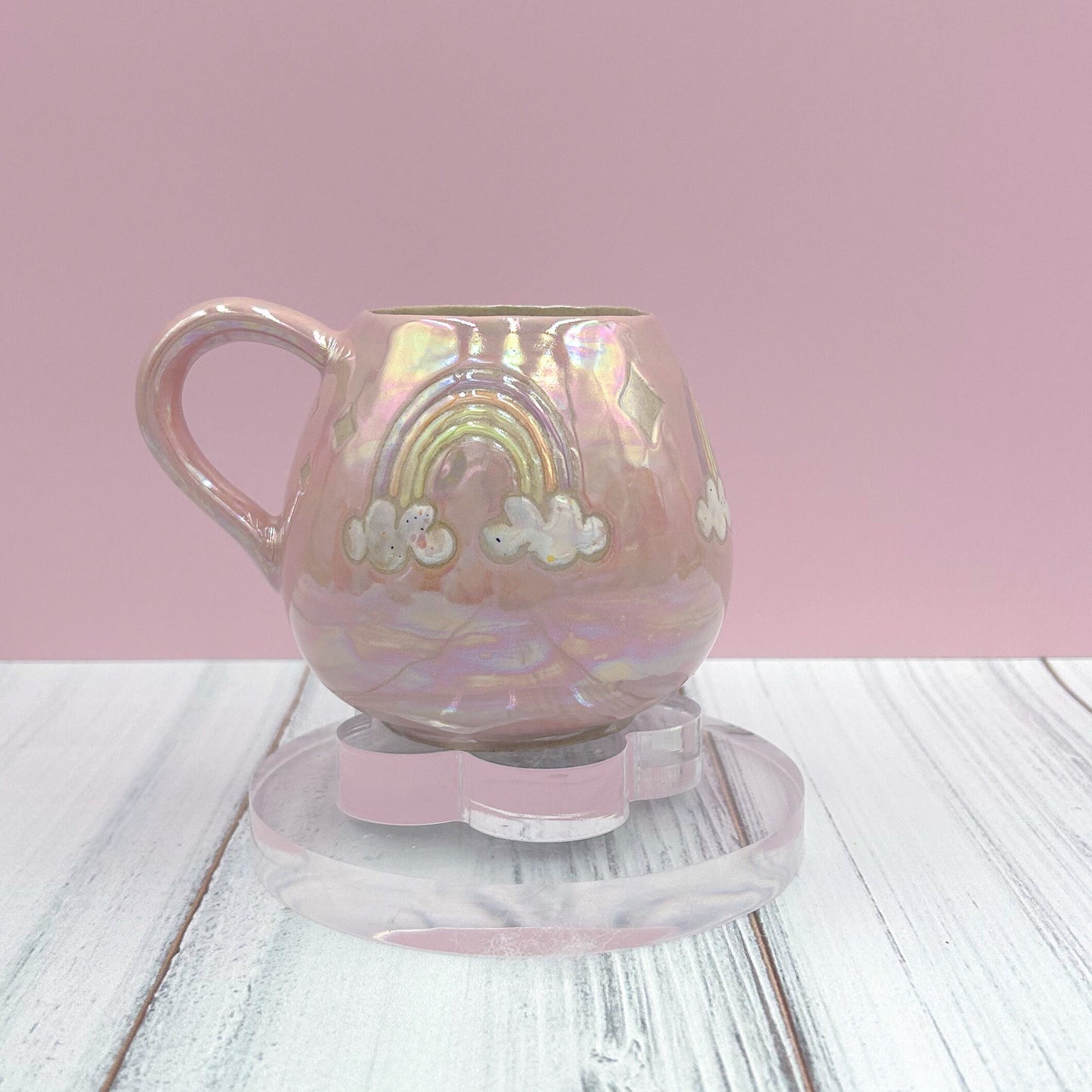 Pink Opalescent Rainbow 12 oz Ceramic Mug, Rainbow Coffee Mug, Groovy Gift for , Rainbow Gift For Friend, Cute Mug Handmade, Retro Cup