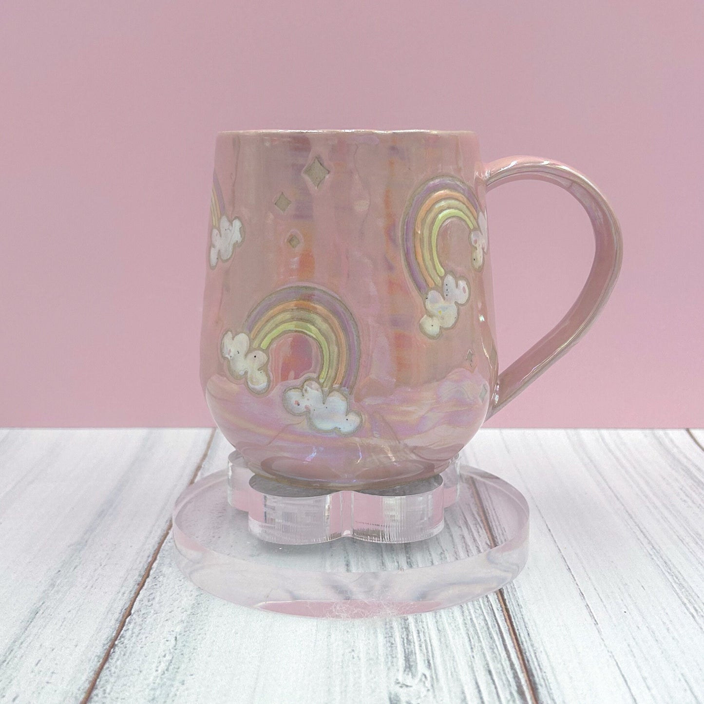 Pink Rainbow Ceramic Mug, Rainbow Coffee Mug, Groovy Gift Women, Rainbow Gift For Friend, Cute Handmade Mug, Retro Ceramic Cup
