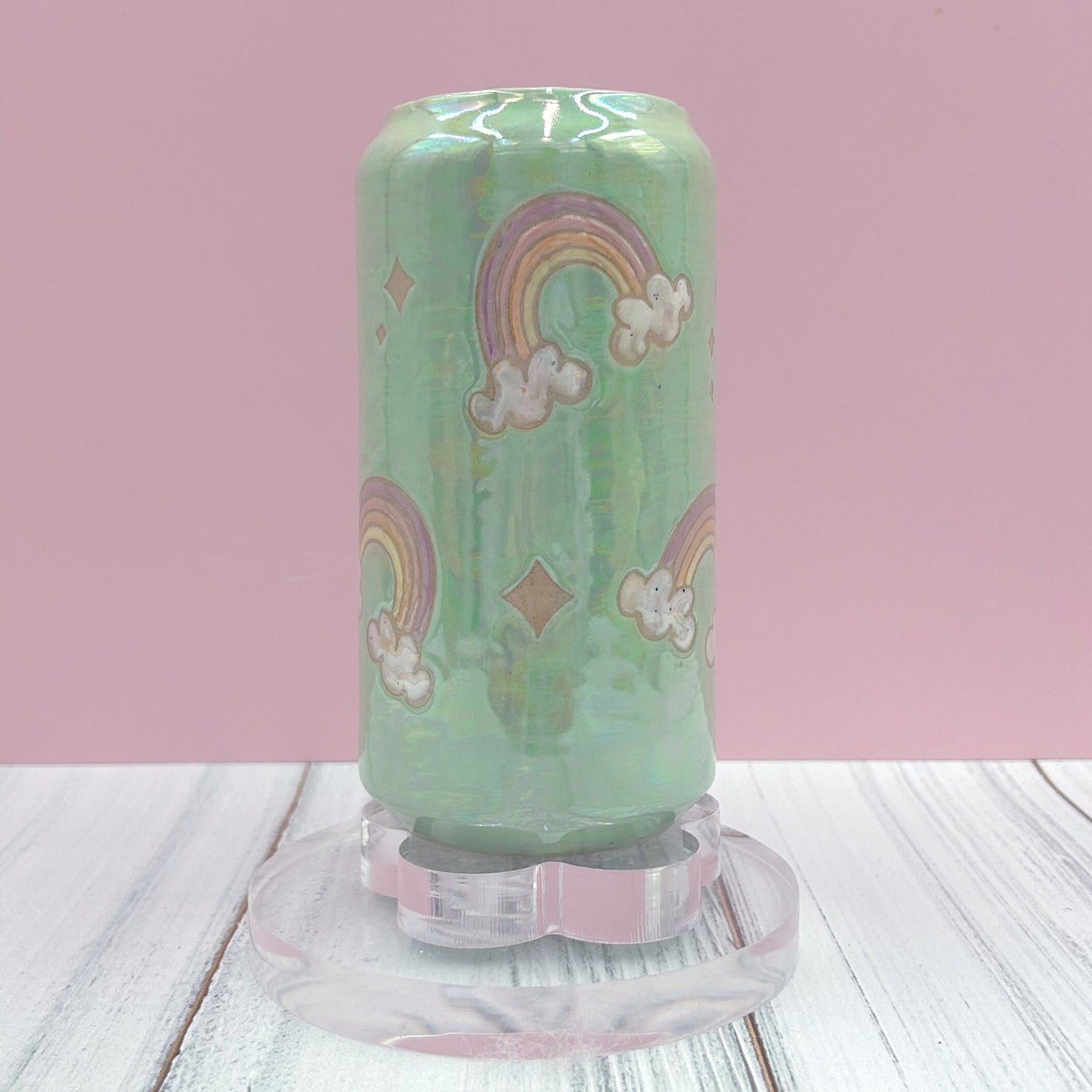 Aqua Opalescent Rainbow and Cloud Tumbler Ceramic Mug, Rainbow Beer Can Glass Tumbler, Rainbow Gift For Her, Handmade Ceramic Mug