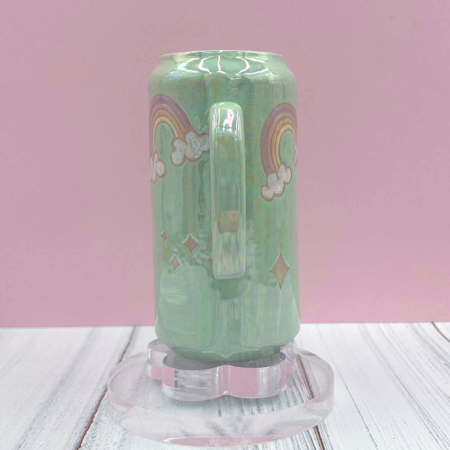 Aqua Opalescent Rainbow and Cloud Tumbler Ceramic Mug, Rainbow Beer Can Glass Tumbler, Rainbow Gift For Her, Handmade Ceramic Mug