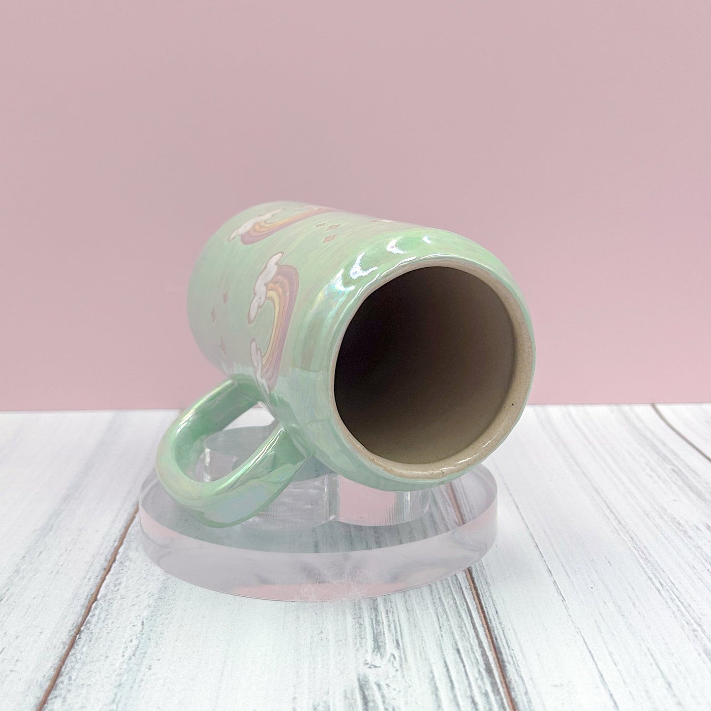 Aqua Opalescent Rainbow and Cloud Tumbler Ceramic Mug, Rainbow Beer Can Glass Tumbler, Rainbow Gift For Her, Handmade Ceramic Mug