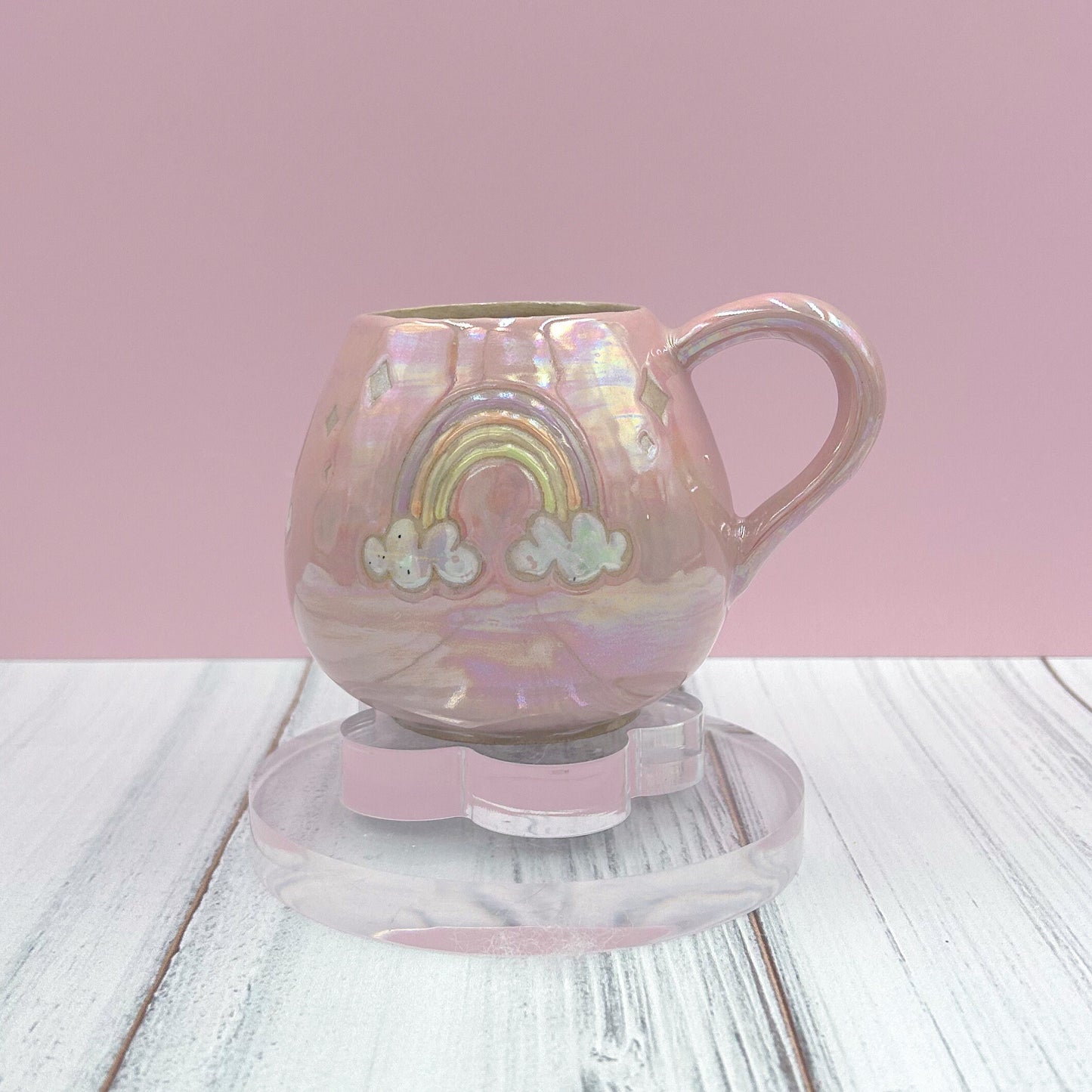 Pink Opalescent Rainbow 12 oz Ceramic Mug, Rainbow Coffee Mug, Groovy Gift for , Rainbow Gift For Friend, Cute Mug Handmade, Retro Cup
