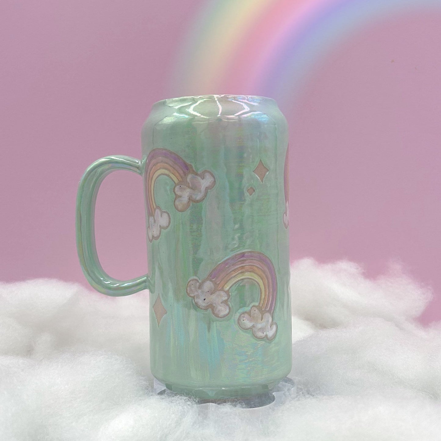 Aqua Opalescent Rainbow and Cloud Tumbler Ceramic Mug, Rainbow Beer Can Glass Tumbler, Rainbow Gift For Her, Handmade Ceramic Mug