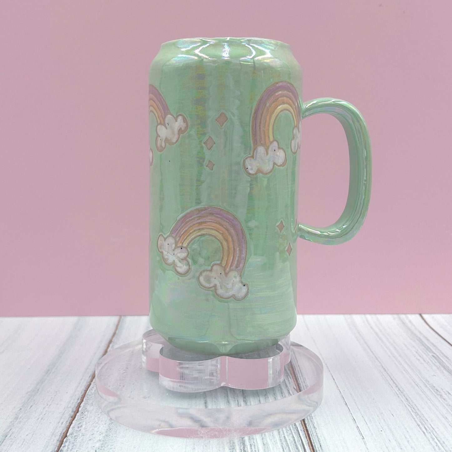 Aqua Opalescent Rainbow and Cloud Tumbler Ceramic Mug, Rainbow Beer Can Glass Tumbler, Rainbow Gift For Her, Handmade Ceramic Mug