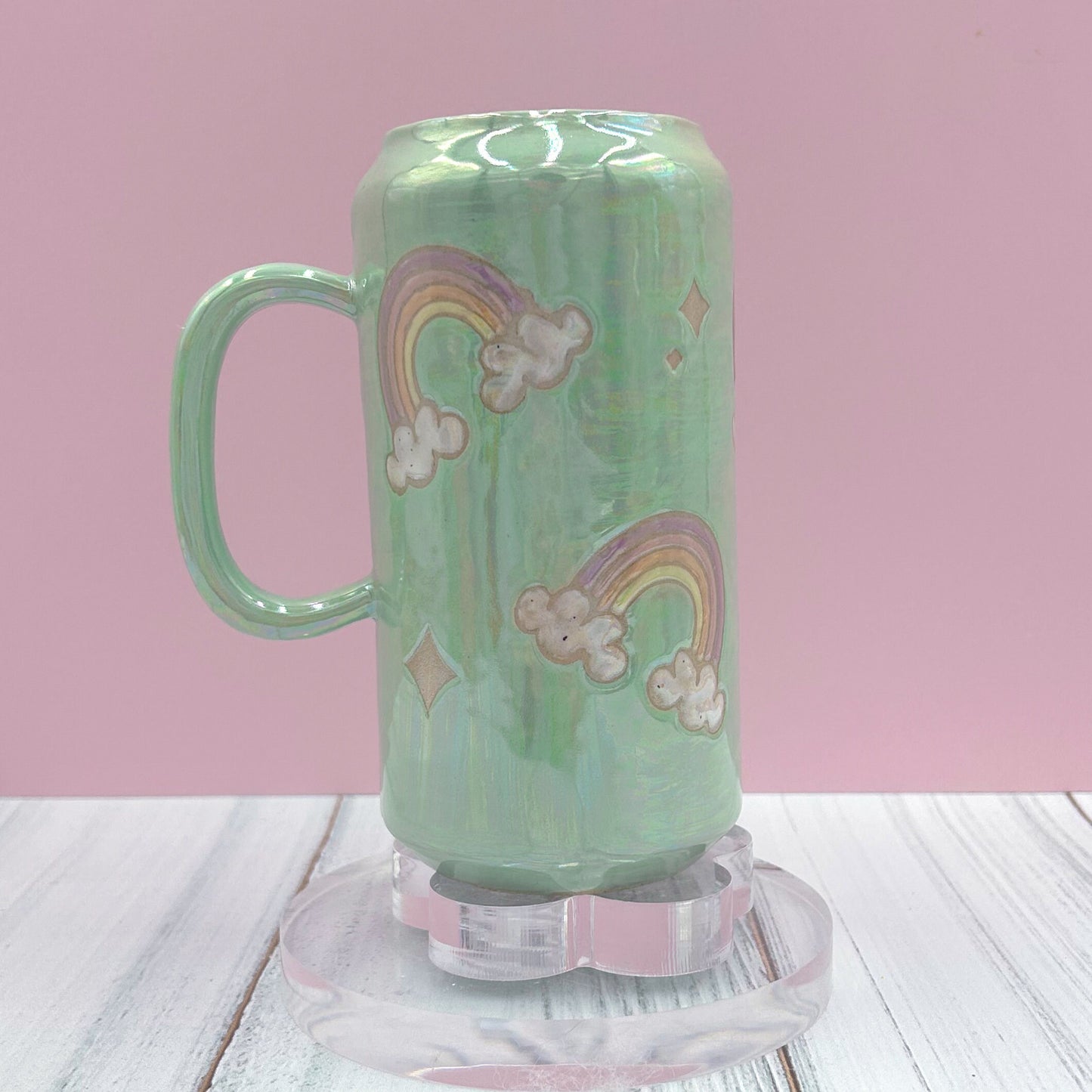 Aqua Opalescent Rainbow and Cloud Tumbler Ceramic Mug, Rainbow Beer Can Glass Tumbler, Rainbow Gift For Her, Handmade Ceramic Mug