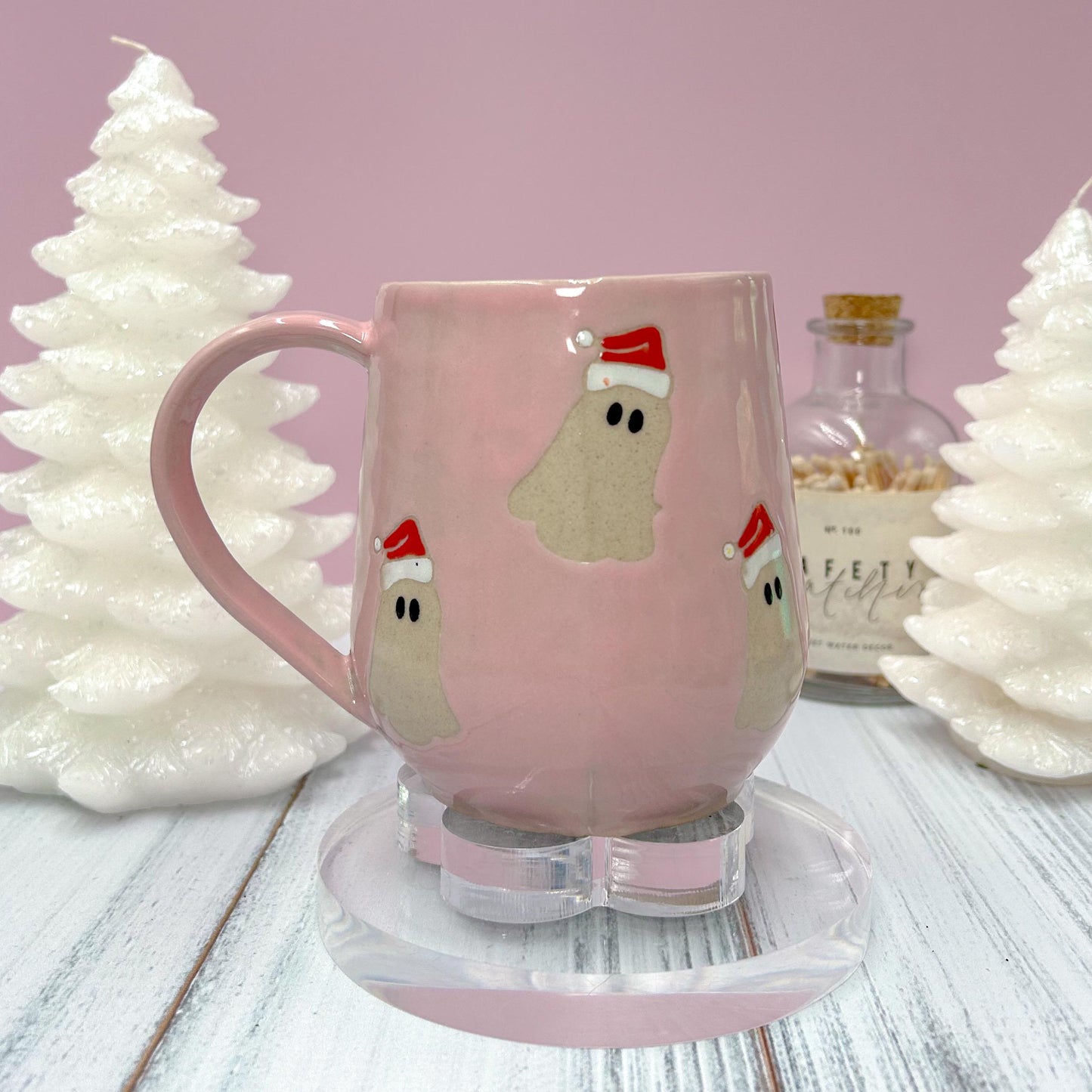 Pink Santa Hat Ghost Mug