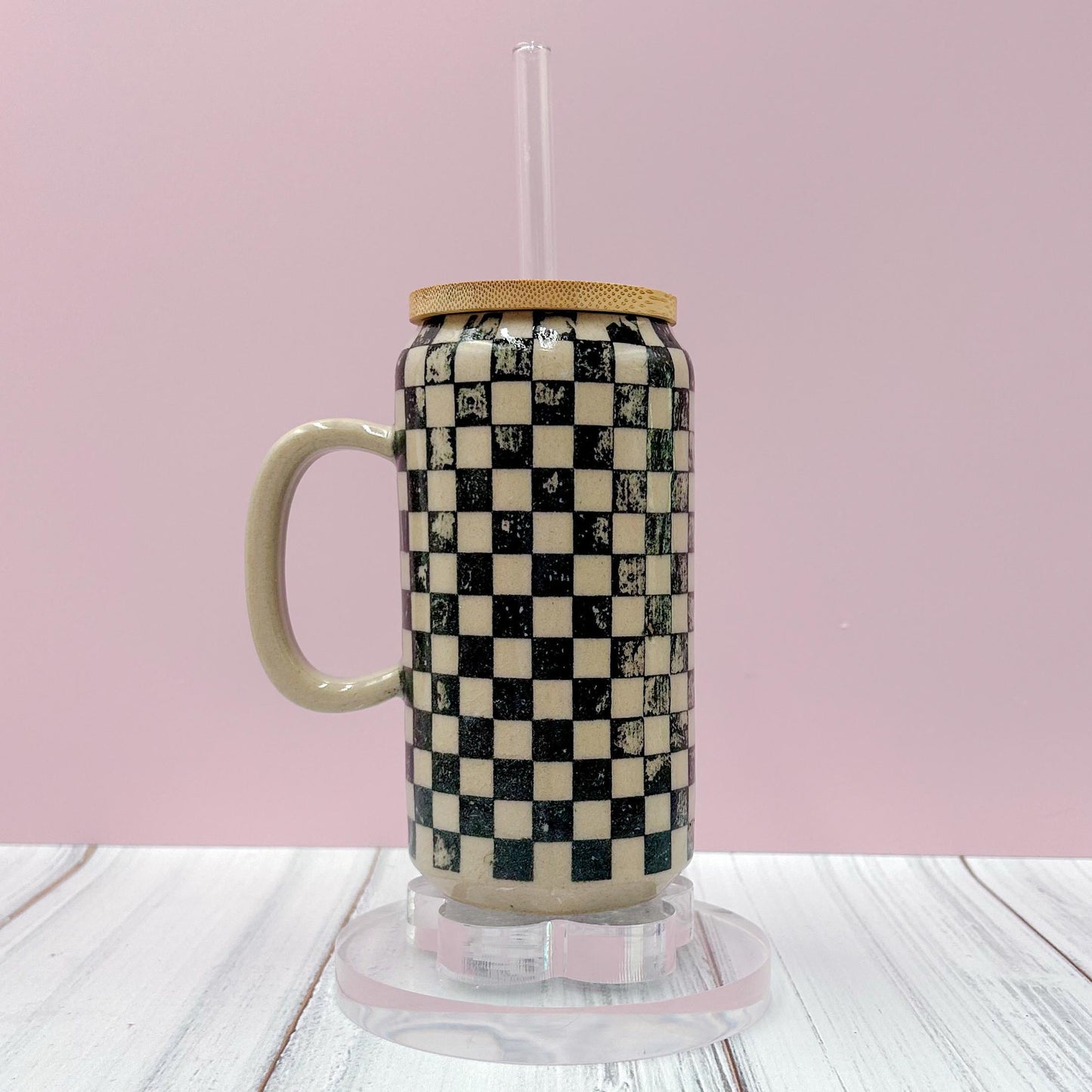 Black Retro Checkered Tumbler With Lid, Groovy Coffee Cup, Retro Teacher Appreciation Gift, Checkerboard Mug, Teen Girl Birthday Gifts