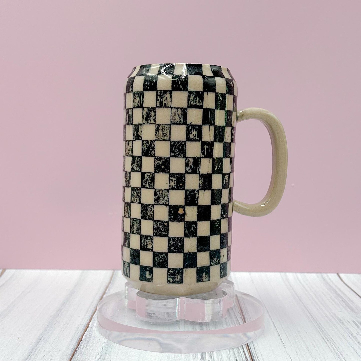 Black Retro Checkered Tumbler With Lid, Groovy Coffee Cup, Retro Teacher Appreciation Gift, Checkerboard Mug, Teen Girl Birthday Gifts