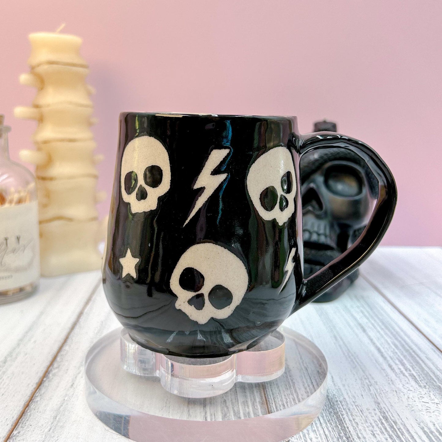 Black Skull Ceramic Coffee Mug, Autumn Gift For Her, Retro Fall Mug, Halloween Gift, Spooky Mug Handmade, Cute Autumn Mugs, Skull mug