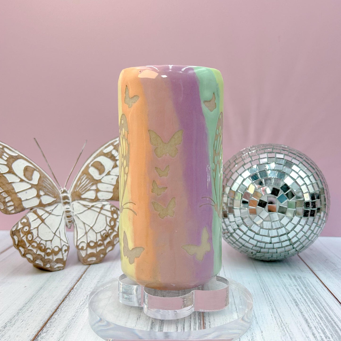Rainbow Ombré Butterfly Tumbler Mug, Handmade Ceramic Mug, Ceramics Pottery Mugs, Stoneware Mug, Large Coffee Mug, Monarch Butterfly Mug