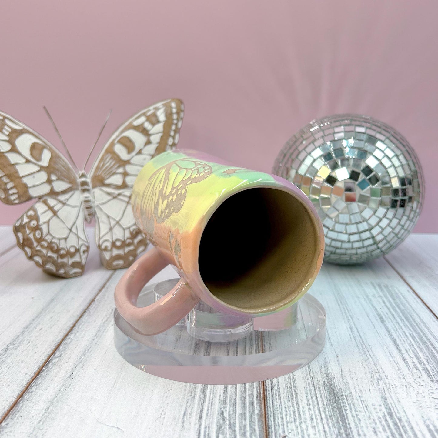 Rainbow Ombré Butterfly Tumbler Mug, Handmade Ceramic Mug, Ceramics Pottery Mugs, Stoneware Mug, Large Coffee Mug, Monarch Butterfly Mug