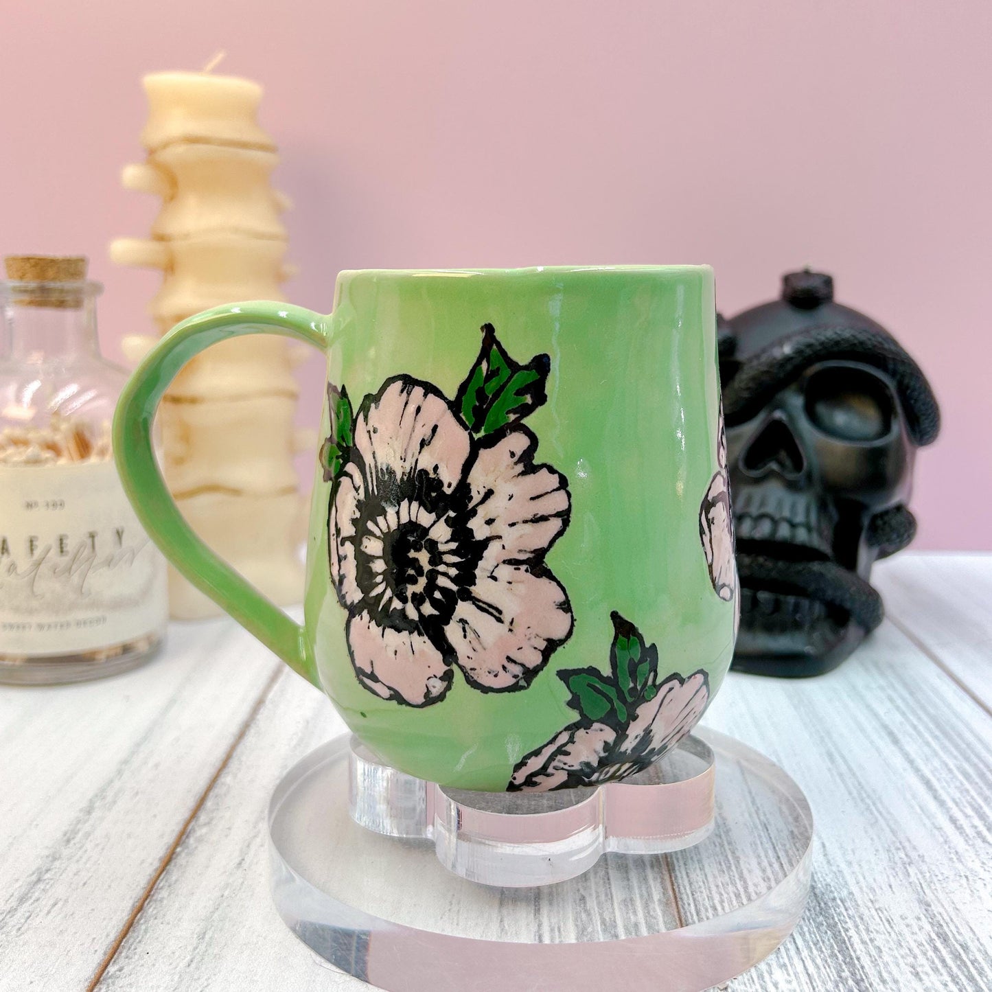 Green Peony Ceramic Mug, Handmade Ceramic Mug, Ceramic Pottery Mugs, Stoneware Mug, Large Coffee Mug, Fun Mug, Flower Coffee mug