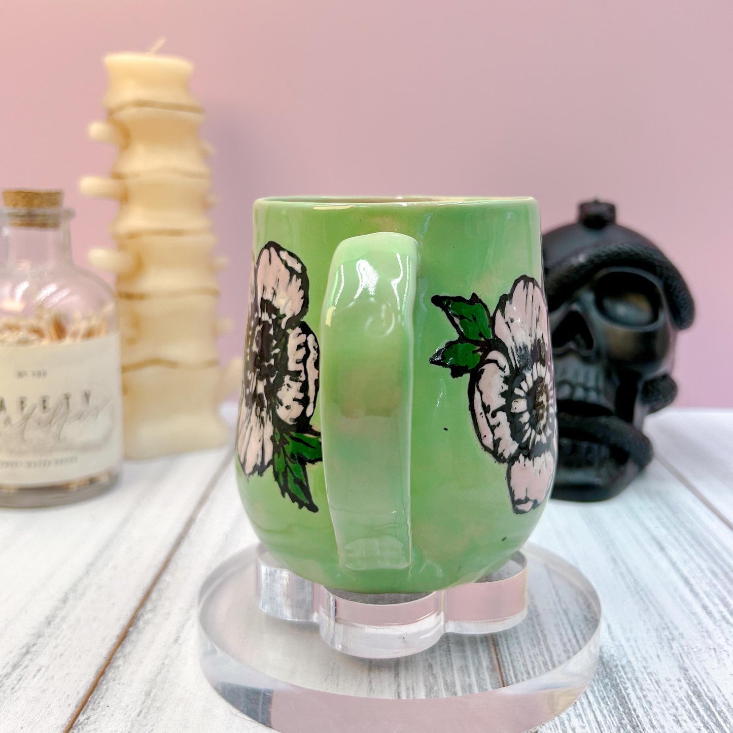 Green Peony Ceramic Mug, Handmade Ceramic Mug, Ceramic Pottery Mugs, Stoneware Mug, Large Coffee Mug, Fun Mug, Flower Coffee mug