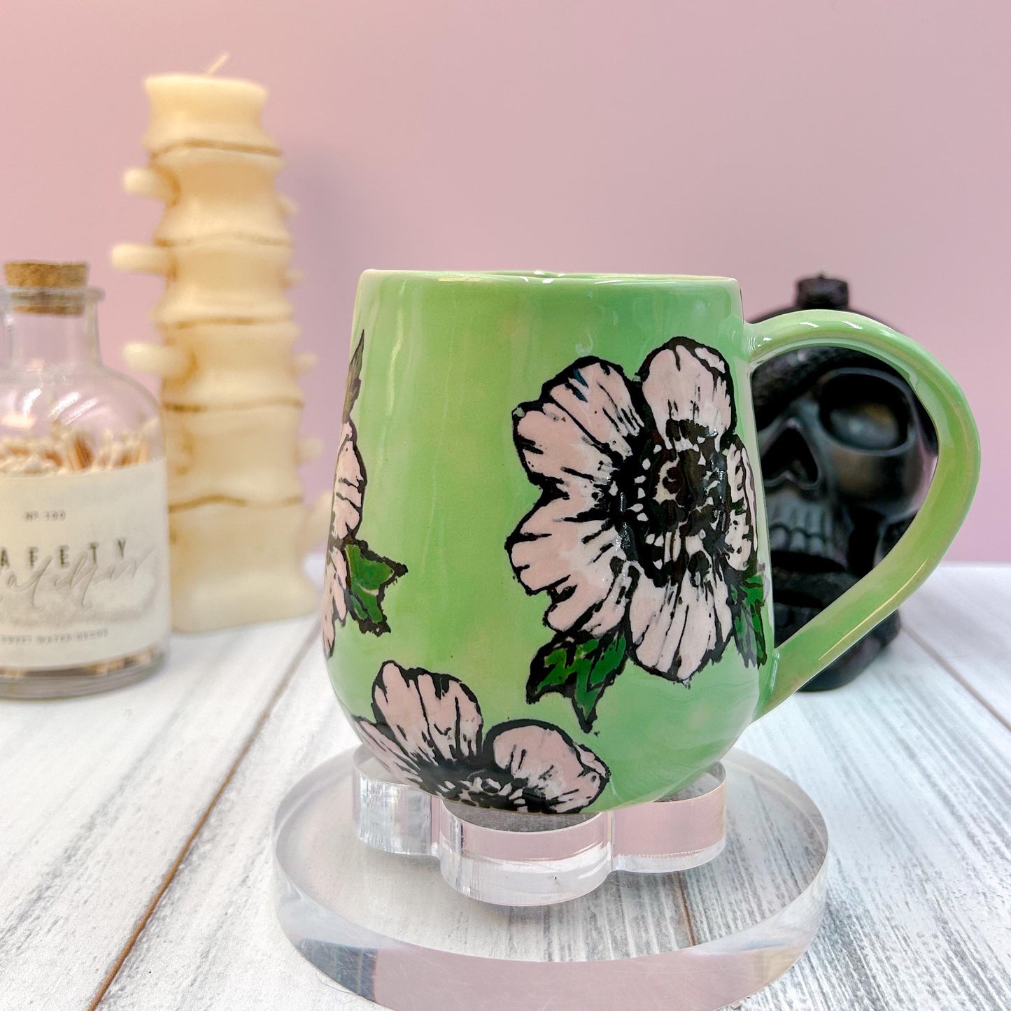 Green Peony Ceramic Mug, Handmade Ceramic Mug, Ceramic Pottery Mugs, Stoneware Mug, Large Coffee Mug, Fun Mug, Flower Coffee mug
