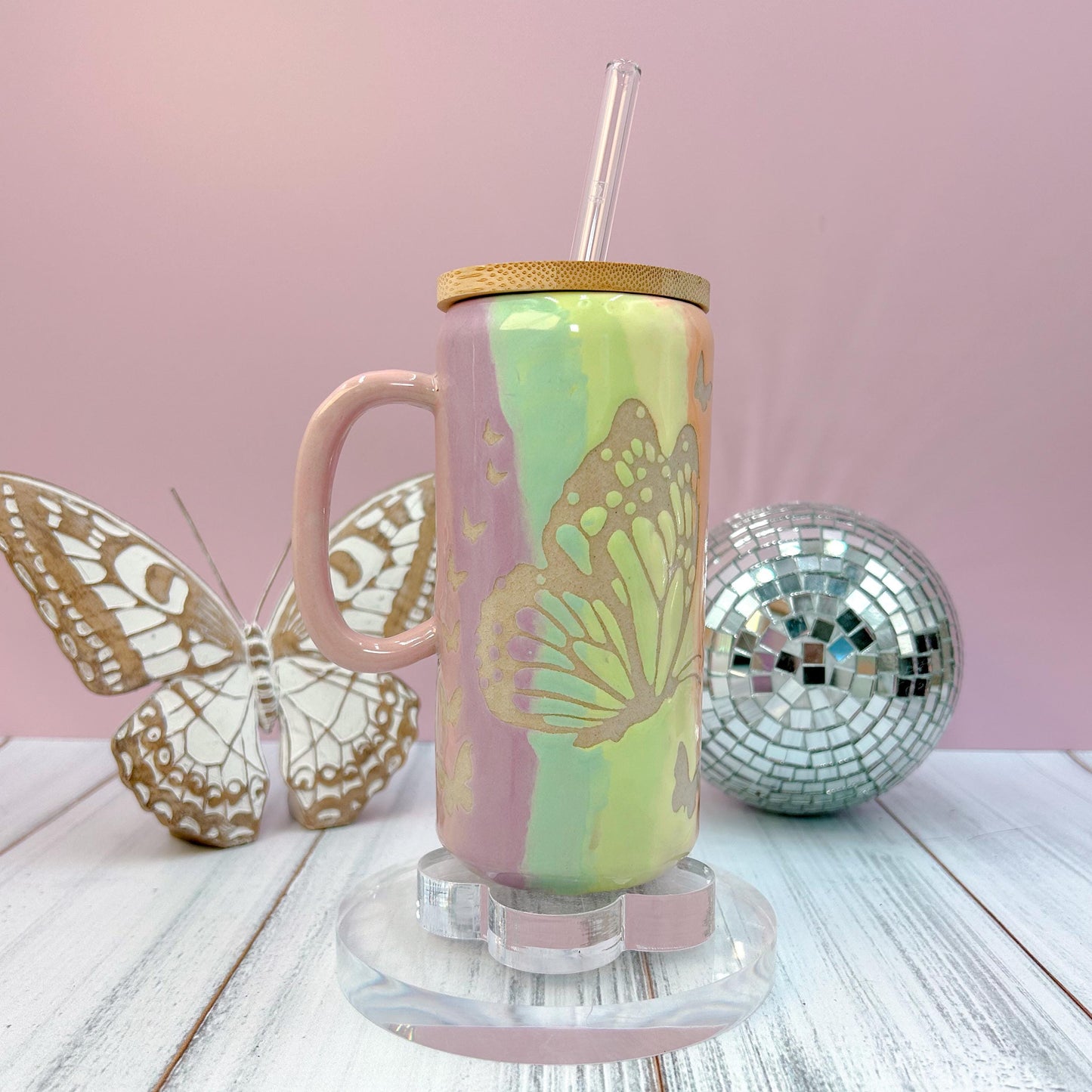 Rainbow Ombré Butterfly Tumbler Mug, Handmade Ceramic Mug, Ceramics Pottery Mugs, Stoneware Mug, Large Coffee Mug, Monarch Butterfly Mug