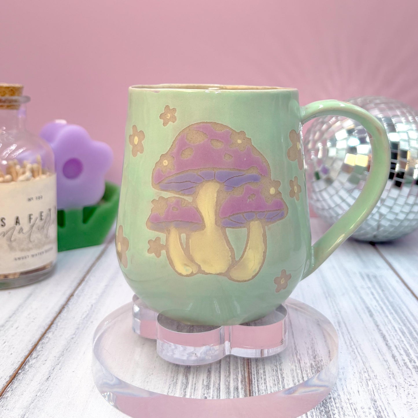 Aqua Mushroom Ceramic Mug, Cottagecore Coffee Mug, Hippie Birthday Gift Friend, Retro Mug, Mushroom Lovers Gift, Gardener Gift
