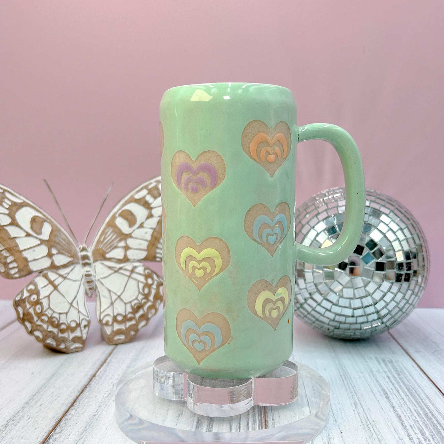 rainbow Heart Ceramic Tumbler Mug, Groovy Gift Women, Heart Gift For Friend, Cute Mug Handmade, Retro Heart Cup, Beer Can Cup, Valentines
