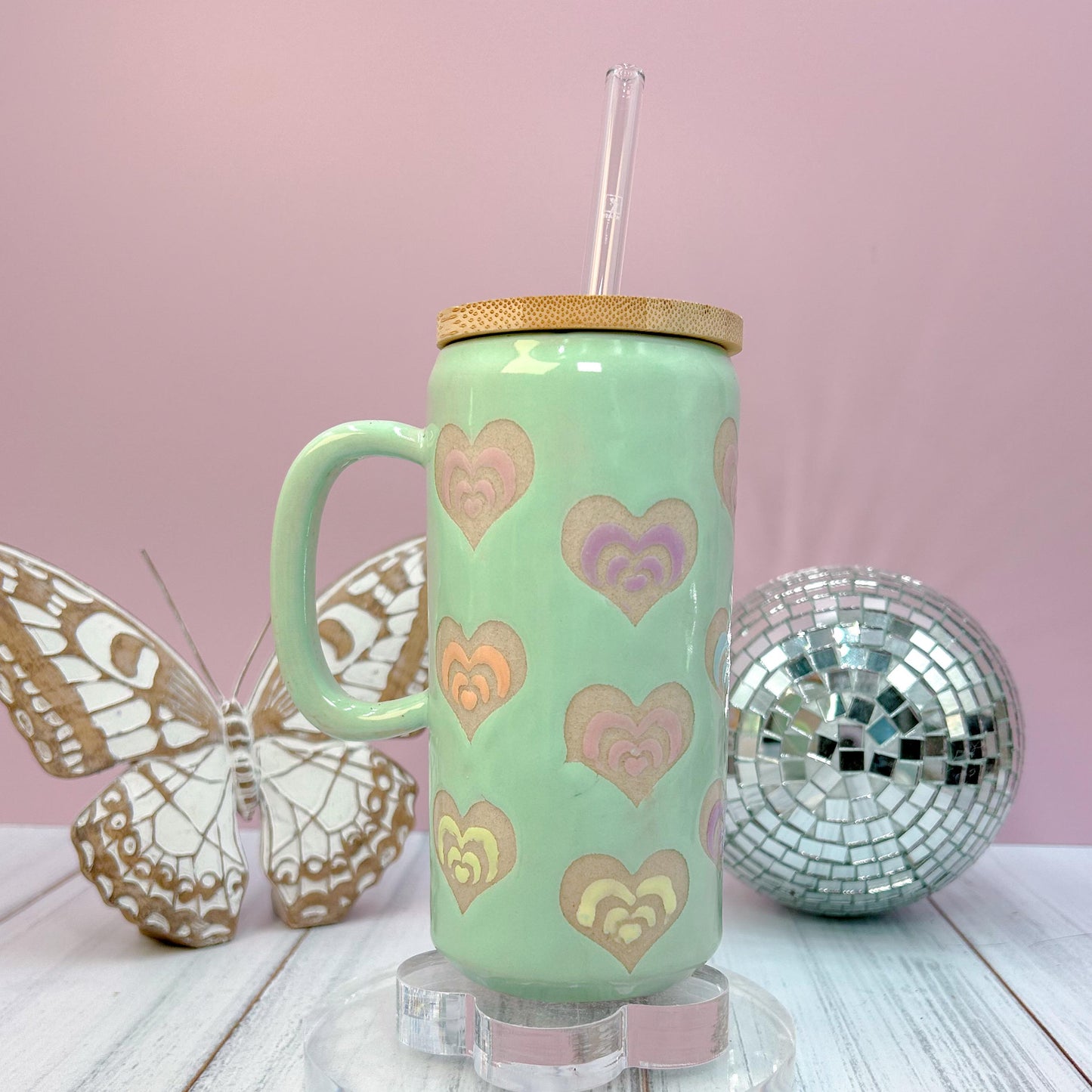 rainbow Heart Ceramic Tumbler Mug, Groovy Gift Women, Heart Gift For Friend, Cute Mug Handmade, Retro Heart Cup, Beer Can Cup, Valentines