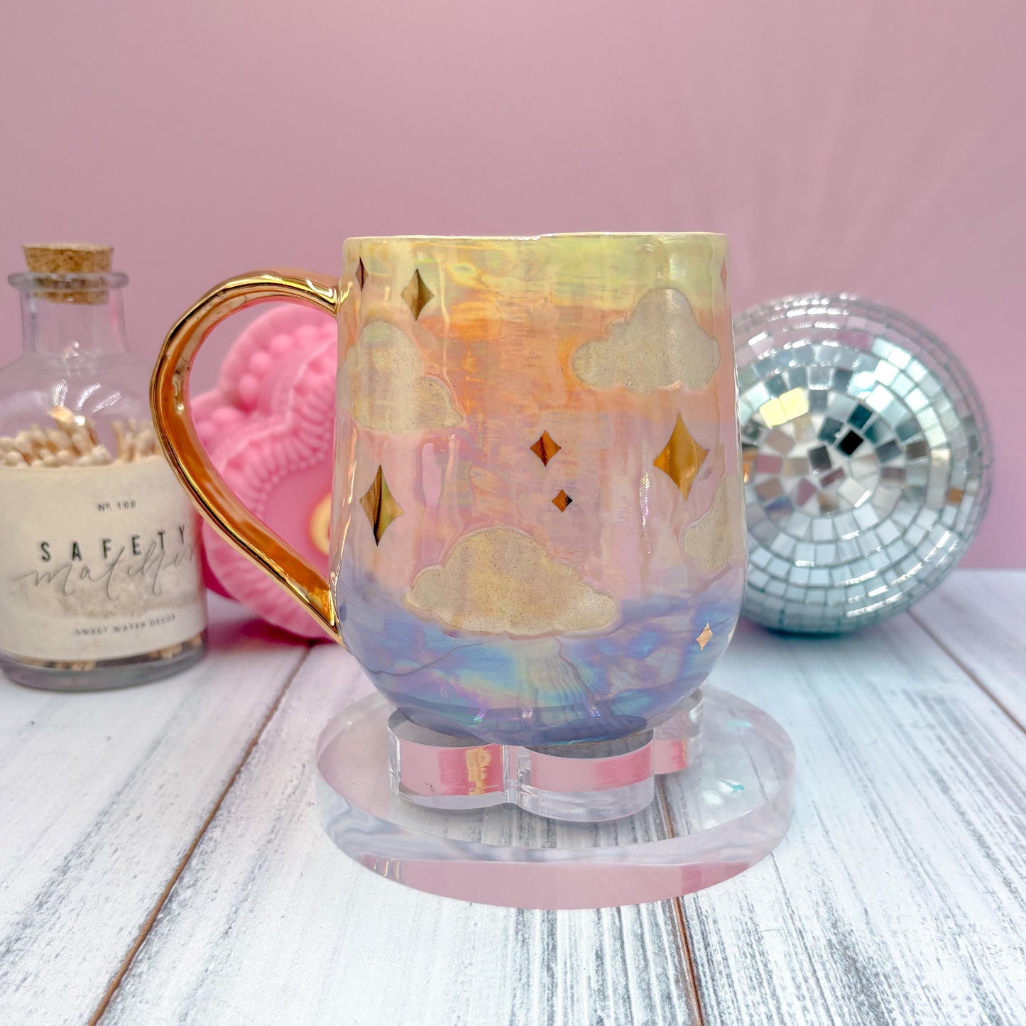 Gold Rainbow Sunset Ceramic Mug, Rainbow Coffee Mug, Groovy Gift for Women, Rainbow Gift For Friend, Cute Mug Handmade, Retro Handmade Cup