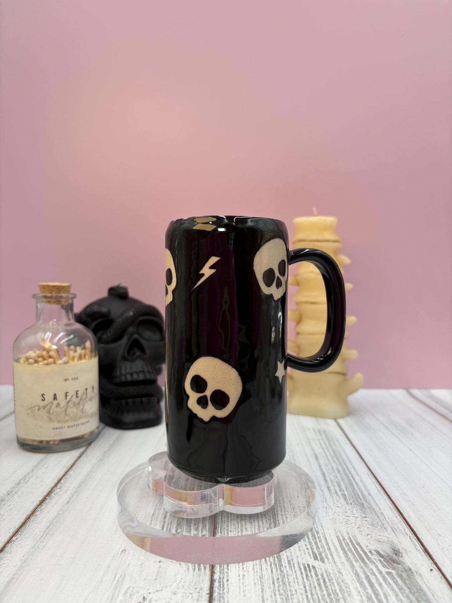 Black Skull Ceramic Coffee Tumbler Mug, Autumn Gift For Her, Retro Fall Mug, Halloween Gift, Spooky Mug Handmade, Cute Autumn Mug, Skull mug
