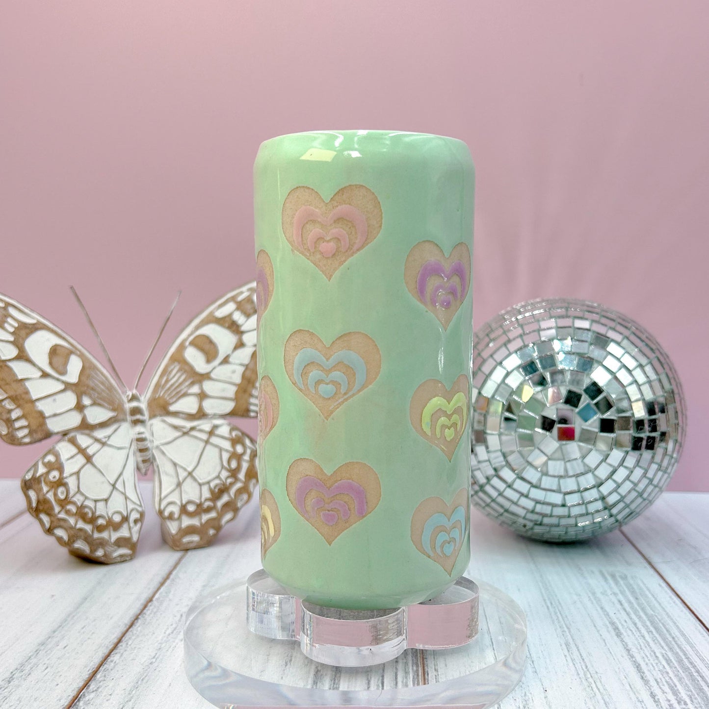 rainbow Heart Ceramic Tumbler Mug, Groovy Gift Women, Heart Gift For Friend, Cute Mug Handmade, Retro Heart Cup, Beer Can Cup, Valentines