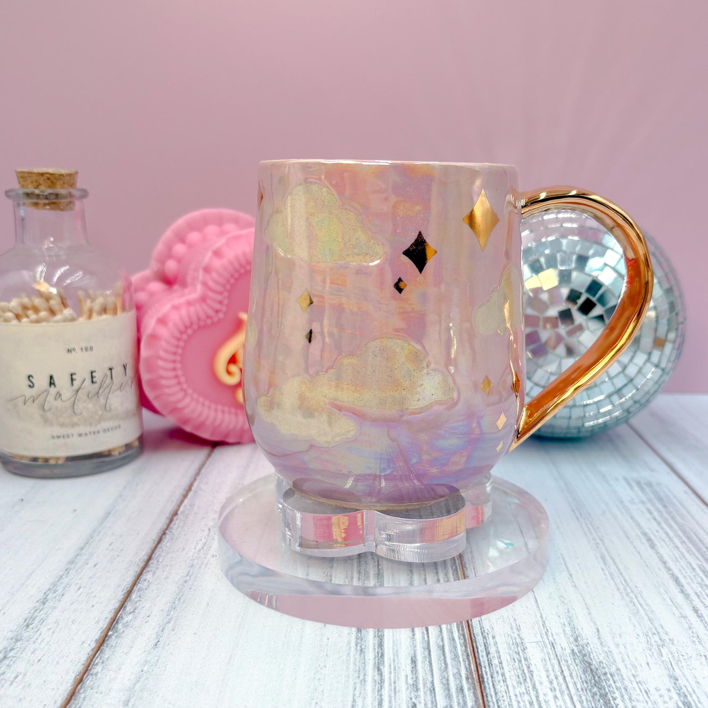 Gold Pink Cloud Sunset Ceramic Mug, Rainbow Coffee Mug, Groovy Gift for Women, Rainbow Gift For Friend, Cute Mug Handmade, Retro Sunset Cup
