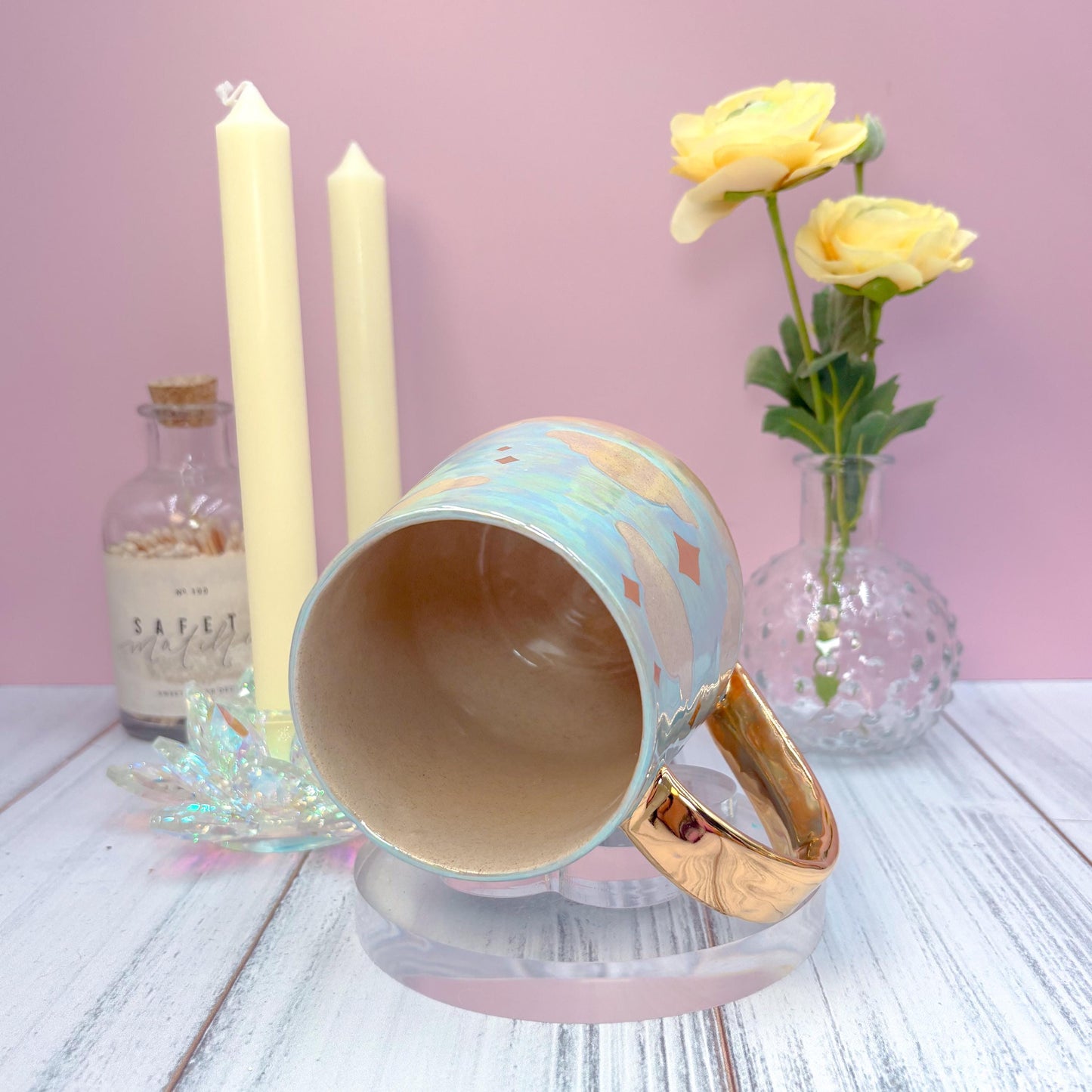 Gold Blue Sunset Ceramic Mug, Rainbow Coffee Mug, Groovy Gift for Women, Rainbow Gift For Friend, Cute Mug Handmade, Retro Handmade Cup