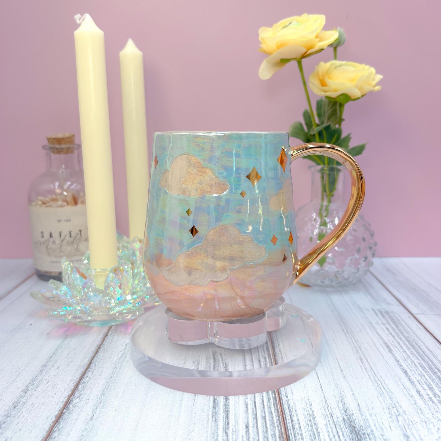 Gold Blue Sunset Ceramic Mug, Rainbow Coffee Mug, Groovy Gift for Women, Rainbow Gift For Friend, Cute Mug Handmade, Retro Handmade Cup
