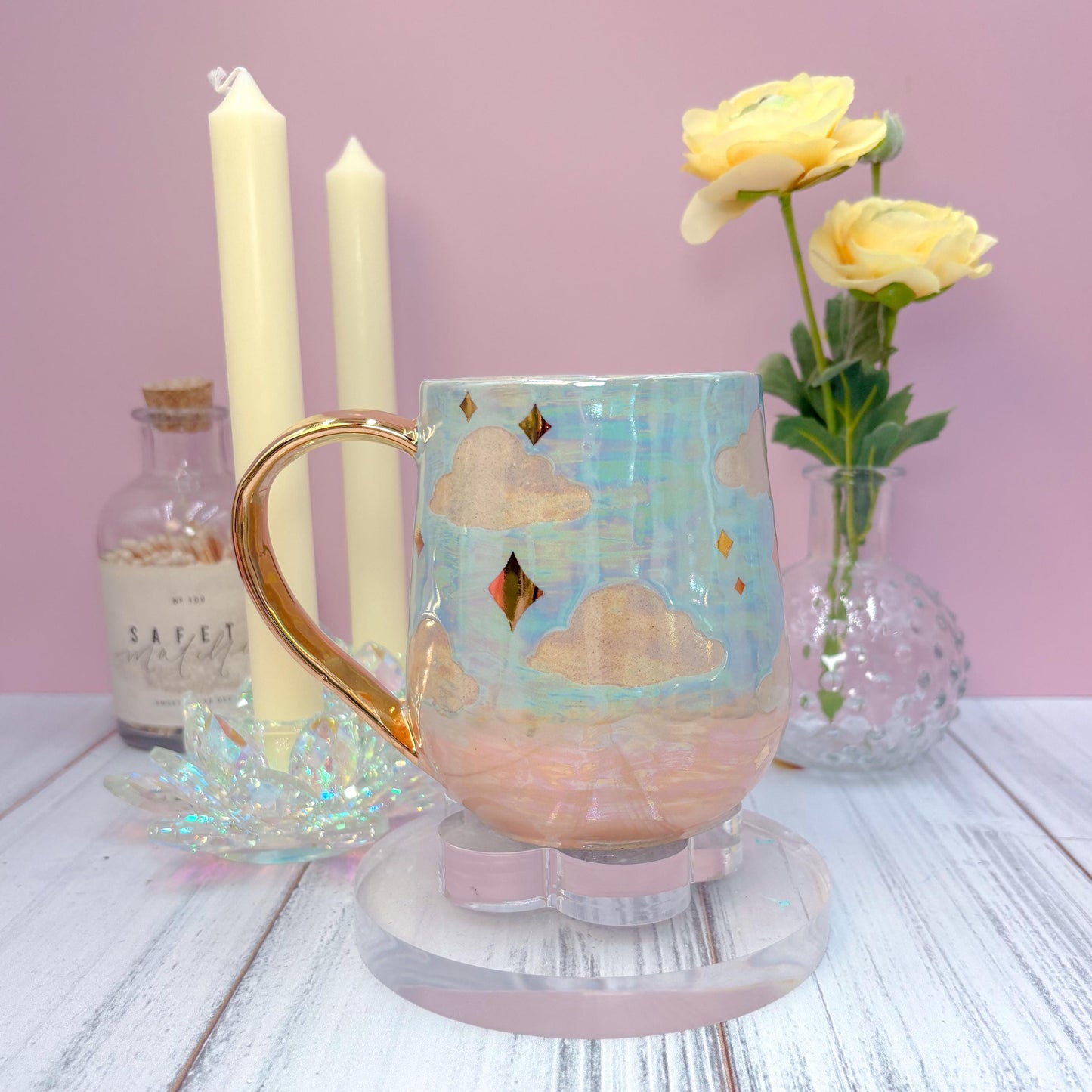Gold Blue Sunset Ceramic Mug, Rainbow Coffee Mug, Groovy Gift for Women, Rainbow Gift For Friend, Cute Mug Handmade, Retro Handmade Cup