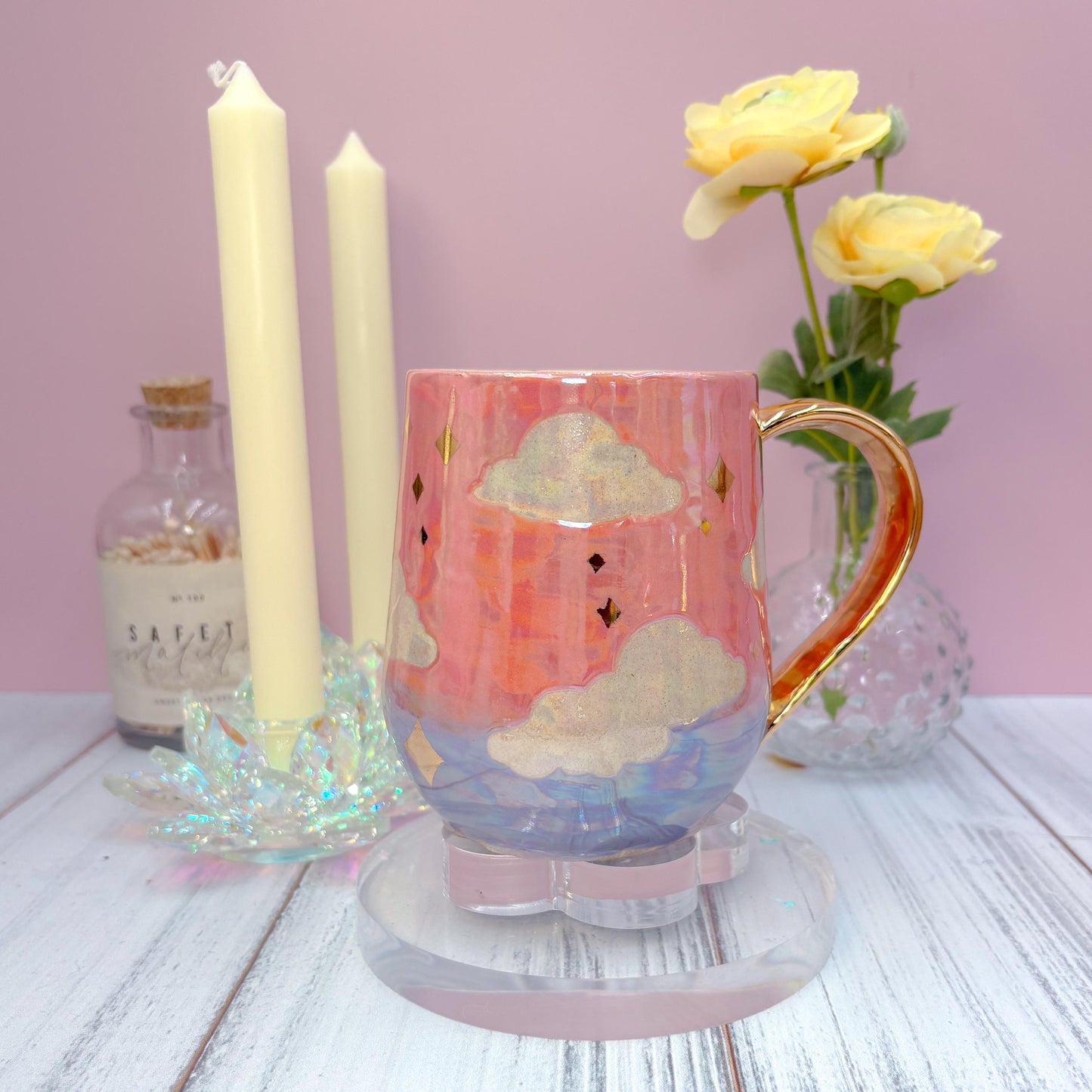 Gold Coral Sunset Ceramic Mug, Rainbow Coffee Mug, Groovy Gift for Women, Rainbow Gift For Friend, Cute Mug Handmade, Retro Handmade Cup