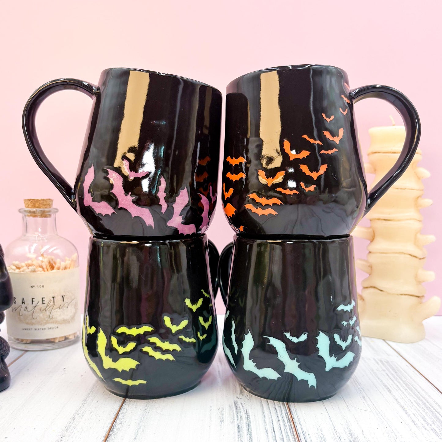 Orange and Black Bat Ceramic Mug, Autumn Gift For Her, Retro Fall Mug, Halloween Gift, Spooky Mug Handmade, Cute Autumn Mugs, Fall Gift Mom