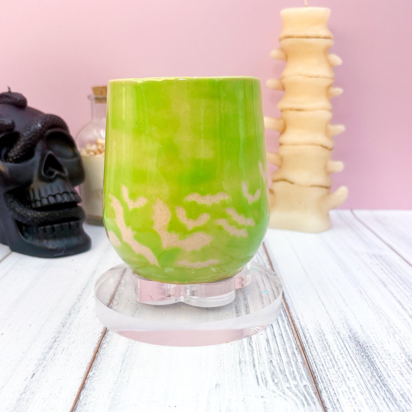 Green Bat Ceramic Mug, Autumn Gift For Her, Retro Fall Mug, Halloween Gift, Spooky Mug Handmade, Cute Autumn Mugs, Fall Gift Mom