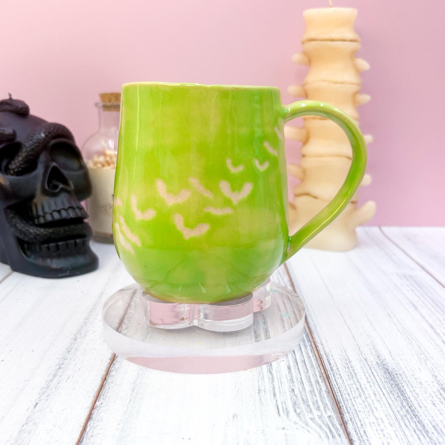 Green Bat Ceramic Mug, Autumn Gift For Her, Retro Fall Mug, Halloween Gift, Spooky Mug Handmade, Cute Autumn Mugs, Fall Gift Mom