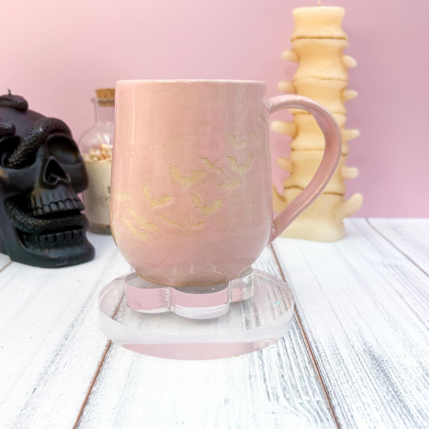 Pink Bat Ceramic Mug, Autumn Gift For Her, Retro Fall Mug, Halloween Gift, Spooky Mug Handmade, Cute Autumn Mugs, Fall Gift Mom