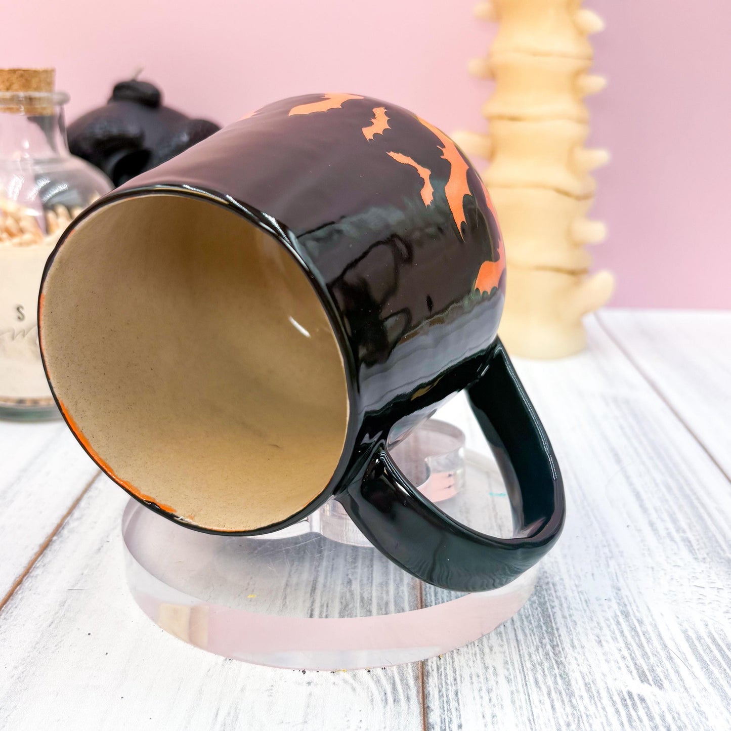 Orange and Black Bat Ceramic Mug, Autumn Gift For Her, Retro Fall Mug, Halloween Gift, Spooky Mug Handmade, Cute Autumn Mugs, Fall Gift Mom