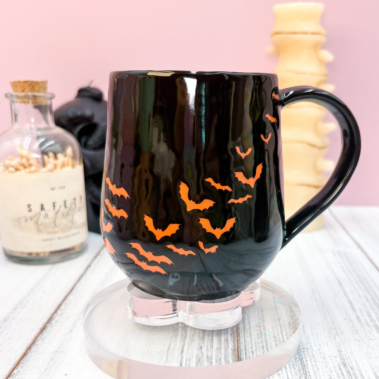Orange and Black Bat Ceramic Mug, Autumn Gift For Her, Retro Fall Mug, Halloween Gift, Spooky Mug Handmade, Cute Autumn Mugs, Fall Gift Mom
